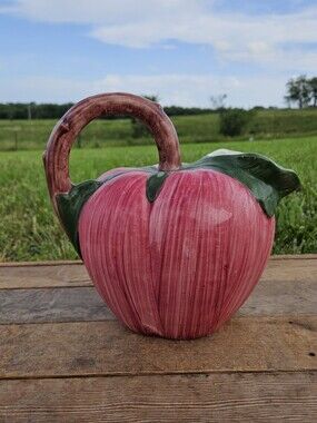 VINTAGE COTTAGECORE Majolica Ceramic Tomato Apple Fruit Pitcher Italy Bassano